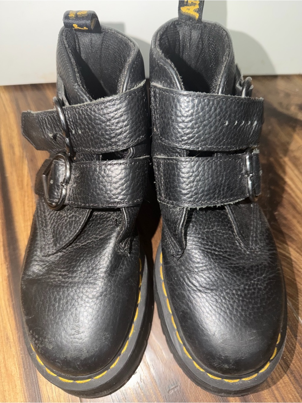 Dr. Martens Black Leather Ankle Boots with Yellow Stitching